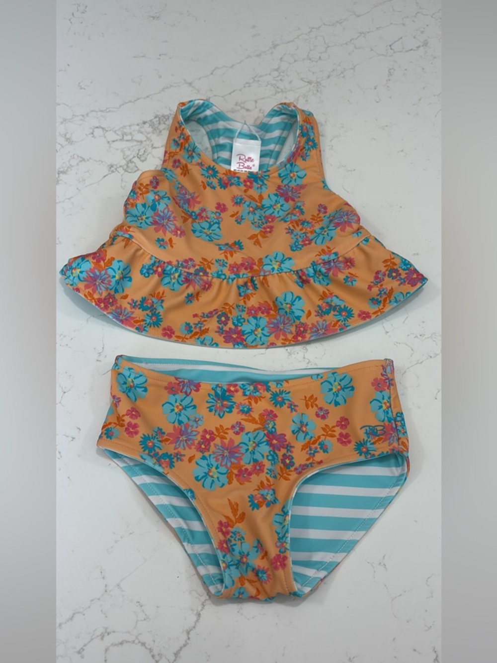 Floral Two-Piece Girls Swimsuit - Peach & Teal